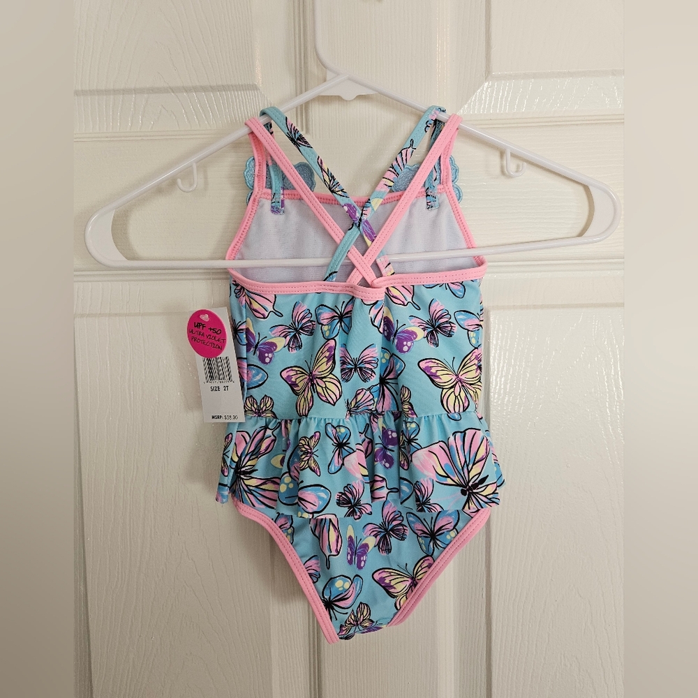Betsey Johnson Pink Blue Girls Kids Toddler Size T2 Butterfly Swimsuit Sequins - Picture 5 of 9